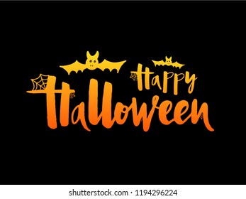 Vector illustration of Happy Halloween with bat for banner, greeting card, party invitation, postcard, typography poster.Handwritten gradient lettering. Holiday calligraphy quote on background.