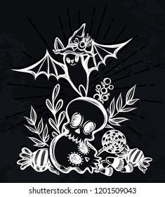 Vector illustration, Happy Halloween, Bat in witch hat, skull, sweets, mysticism. Handmade, prints, background chalkboard