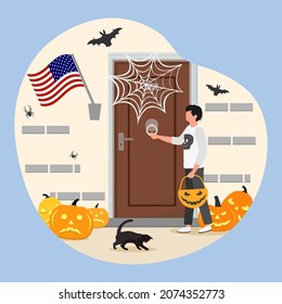 Vector illustration Happy Halloween. Boy wearing festive clothes celebrating Halloween. Male child standing in the court in front of door home decorated for the holiday. Trick or treat. Party Costume