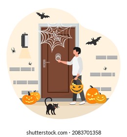 Vector illustration Happy Halloween. Boy wearing festive clothes celebrating Halloween. Male child standing in the court in front of door home decorated for the holiday. Trick or treat. Party Costume