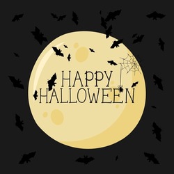 Die Vektorgrafik Von Happy Halloween Kann Als Banner Oder Grußkarte Verwendet Werden. Der Mond Und Die Fledermäuse Auf Dunklem Hintergrund.
