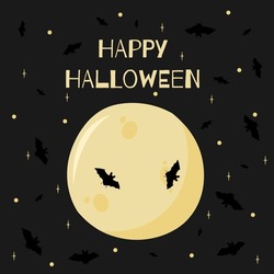 Die Vektorgrafik Von Happy Halloween Kann Als Banner Oder Grußkarte Verwendet Werden. Der Mond Und Fledermäuse Mit Sternen Auf Dunklem Hintergrund.