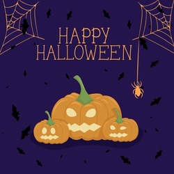 Die Vektorgrafik Von Happy Halloween Kann Als Banner Oder Grußkarte Verwendet Werden. Kürbis, Fledermäuse Und Ein Spinnennetz Auf Violettem Hintergrund.