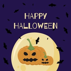 Die Vektorgrafik Von Happy Halloween Kann Als Banner Oder Grußkarte Verwendet Werden. Kürbis, Fledermäuse Und Mond Auf Violettem Hintergrund.