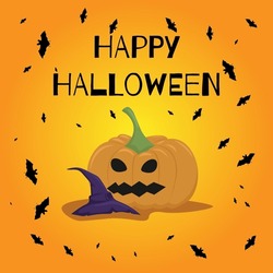Die Vektorgrafik Von Happy Halloween Kann Als Banner Oder Grußkarte Verwendet Werden. Kürbis, Fledermäuse Und Ein Hexenhut Auf Orangefarbenem Hintergrund.