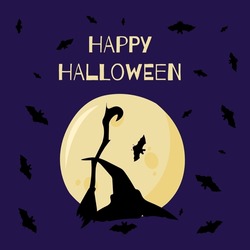 Die Vektorgrafik Von Happy Halloween Kann Als Banner Oder Grußkarte Verwendet Werden. Hut Und Besen, Fledermäuse Auf Violettem Hintergrund.