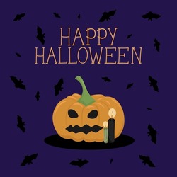 Die Vektorgrafik Von Happy Halloween Kann Als Banner Oder Grußkarte Verwendet Werden. Kürbis, Fledermäuse Und Kerzen Auf Violettem Hintergrund.