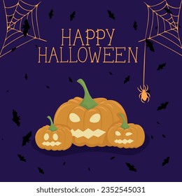 The vector illustration of Happy Halloween can be used as a banner or a greeting card. Pumpkin, bats, and a spider web on a violet background.