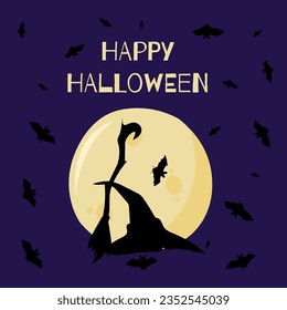 The vector illustration of Happy Halloween can be used as a banner or a greeting card. Witch hat and broom, bats, on a violet background.