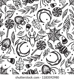 Vector illustration, Happy Halloween, candy, spider web with a spider, bat, leaves. Handmade, prints, background light,seamless pattern