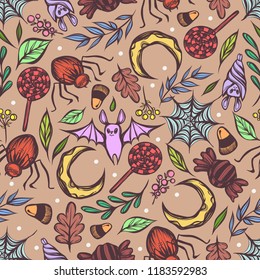 Vector illustration, Happy Halloween, candy, spider web with a spider, bat, leaves. Handmade, prints, background, seamless pattern