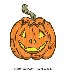 Vector illustration of happy Halloween cartoon pumpkin character on white background.