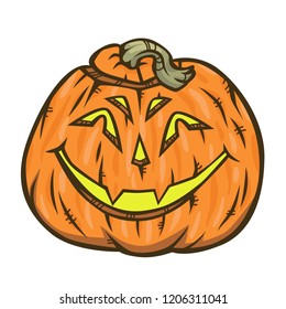 Vector illustration of happy Halloween cartoon pumpkin character on white background.