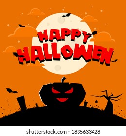 Vector illustration of happy Halloween day with a dark theme, with moon, bat, ghost, and pumpkin elements, perfect for your promotional designs, social media posts.