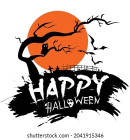Vector illustration of Happy Halloween design, cemetery, and bats
