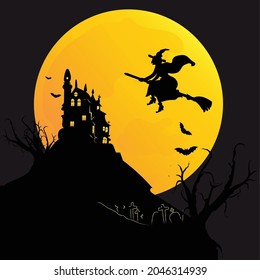 Vector illustration of Happy Halloween design, Tree, Bat, Castle, Horror, Witch, Orange night with full Moon