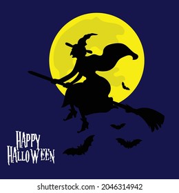 Vector illustration of Happy Halloween design, Tree, Bat, Castle, Horror, Witch, Orange night with full Moon