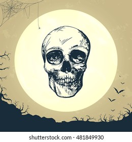 Vector Illustration of a Happy Halloween Design with Full Moon and a Hand Drawn Skull