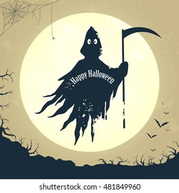 Vector Illustration of a Happy Halloween Design with Scary Grim Reaper and Full Moon