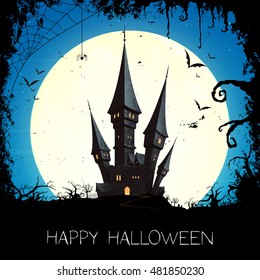 Vector Illustration of a Happy Halloween Design with Full Moon and a Scary Castle