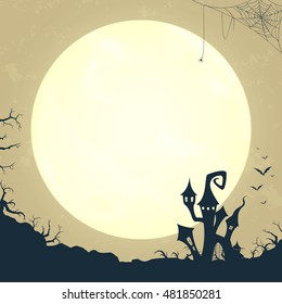 Vector Illustration of a Happy Halloween Design with Full Moon and a Scary Castle