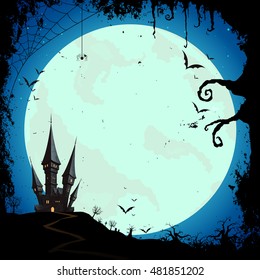 Vector Illustration of a Happy Halloween Design with Full Moon and a Scary Castle