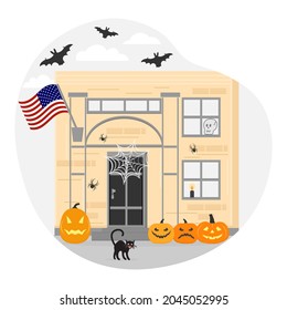 Vector illustration Happy Halloween. Festive Celebrating Door Home House decorated for the holiday. Trick or treat. Party. Jack O'Lantern pumpkin, spider, spider web, bat