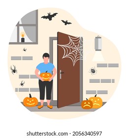 Vector illustration Happy Halloween. Festive. Celebrating. Human decorates house, yard for holiday. People decorated home. Trick or treat. Party. Jack O'Lantern pumpkin, spider, spider web, bat