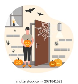 Vector illustration Happy Halloween. Festive. Celebrating. Human decorates house, yard for holiday. People decorated home. Trick or treat. Party. Jack O'Lantern pumpkin, spider, spider web, bat