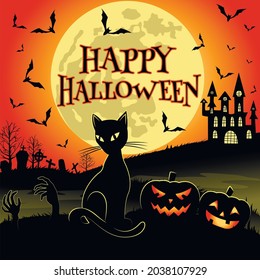 Vector illustration of a happy Halloween with a full moon, black cat, pumpkins, bats, castle, zombie, graveyard.