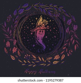 Vector illustration, Happy Halloween, ghost in a witch's hat, different leaves around, stars, mysticism. Handmade, prints, background dark