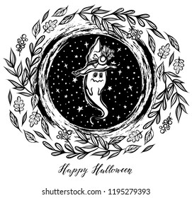 Vector illustration, Happy Halloween, ghost in a witch's hat, different leaves around, stars, mysticism. Handmade, prints, background white