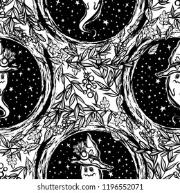 Vector illustration, Happy Halloween, ghost in a witch's hat, different leaves around, stars, mysticism. Handmade, prints, seamless pattern, light  background