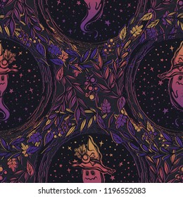Vector illustration, Happy Halloween, ghost in a witch's hat, different leaves around, stars, mysticism. Handmade, prints, seamless pattern, dark  background
