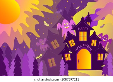 Vector illustration of happy halloween with ghost in old house. purple background. Suitable for all kinds of products, prints, fabrics, backgrounds etc.