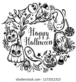 Vector illustration, Happy Halloween, ghosts, pumpkins, skulls, grave, leaves, set of different elements, prints on T-shirts, background white. Handmade