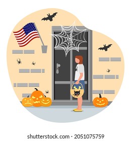 Vector illustration Happy Halloween. Girl wearing festive clothes celebrating Halloween. Female child standing in court in front of door home decorated for the holiday. Trick or treat. Party Costume