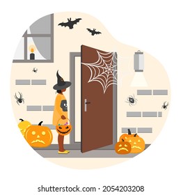 Vector illustration Happy Halloween. Girl wearing festive clothes celebrating Halloween. Female child standing in court in front of door home decorated for the holiday. Trick or treat. Party Costume
