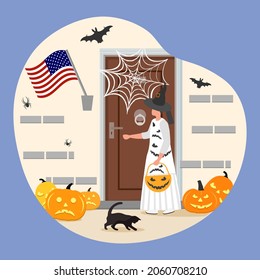 Vector illustration Happy Halloween. Girl wearing festive clothes celebrating Halloween. Female child standing in court in front of door home decorated for the holiday. Trick or treat. Party Costume