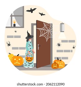 Vector illustration Happy Halloween. Girl wearing festive clothes celebrating Halloween. Female child standing in court in front of door home decorated for the holiday. Trick or treat. Party Costume