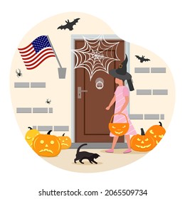 Vector illustration Happy Halloween. Girl wearing festive clothes celebrating Halloween. Female child standing in court in front of door home decorated for the holiday. Trick or treat. Party Costume