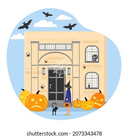 Vector illustration Happy Halloween. Girl wearing festive clothes celebrating Halloween. Female child standing in court in front of door home decorated for the holiday. Trick or treat. Party Costume