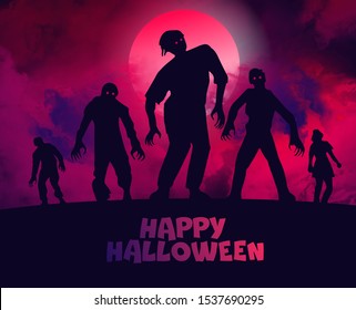 vector illustration. Happy Halloween graphic design. silhouette of a zombie in the fog against the background of the full moon