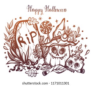 Vector illustration, Happy Halloween, grave, pumpkin, witch's hat, skull, mysticism,leaves, set of different elements. Handmade, prints on T-shirts, background white