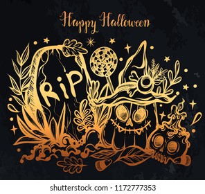 Vector illustration, Happy Halloween, grave, pumpkin, witch's hat, skull, mysticism,leaves, set of different elements. Handmade, prints on T-shirts, background chalkboard, gold color