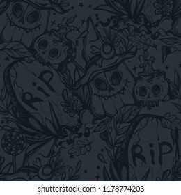 Vector illustration, Happy Halloween, grave, pumpkin, witch's hat, skull, mysticism,leaves. Handmade, prints, background dark,seamless pattern
