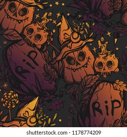 Vector illustration, Happy Halloween, grave, pumpkin, witch's hat, skull, mysticism,leaves. Handmade, prints,seamless pattern, background dark
