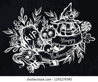 Vector illustration, Happy Halloween, grave, pumpkin, witch's hat, skull, mysticism,leaves, set of different elements. Handmade, background chalkboard, prints on T-shirts