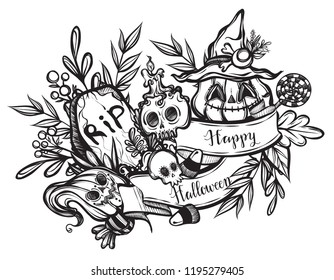 Vector illustration, Happy Halloween, grave, pumpkin, witch's hat, skull, mysticism,leaves, set of different elements. Handmade, background white, prints on T-shirts