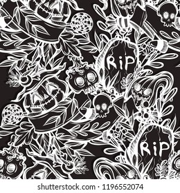 Vector illustration, Happy Halloween, grave, pumpkin, witch's hat, skull, mysticism,leaves, set of different elements. Handmade, seamless pattern, dark  background